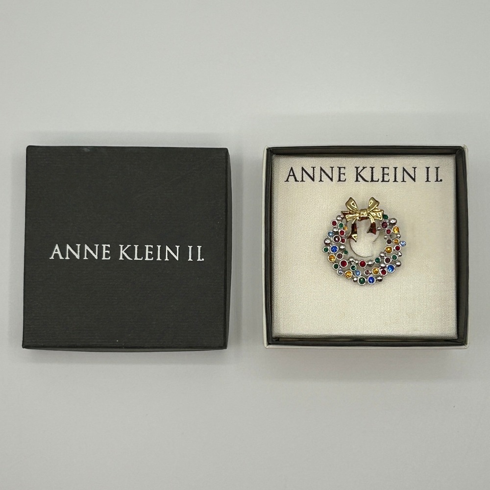 Vintage Anne Klein II Holiday Wreath Pin Brooch Multicolored Rhinestones in Box
